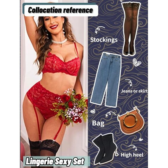 Women Red-2 Lingerie Set High Waisted Underwire Lingerie With Garter Belt Lace - Picture 5 of 6